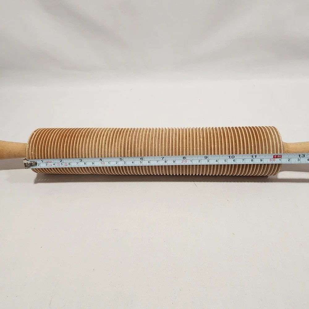 Vintage Wooden Ribbed Rolling Pin Textured Grooved Dough Pasta Roller 17 inch